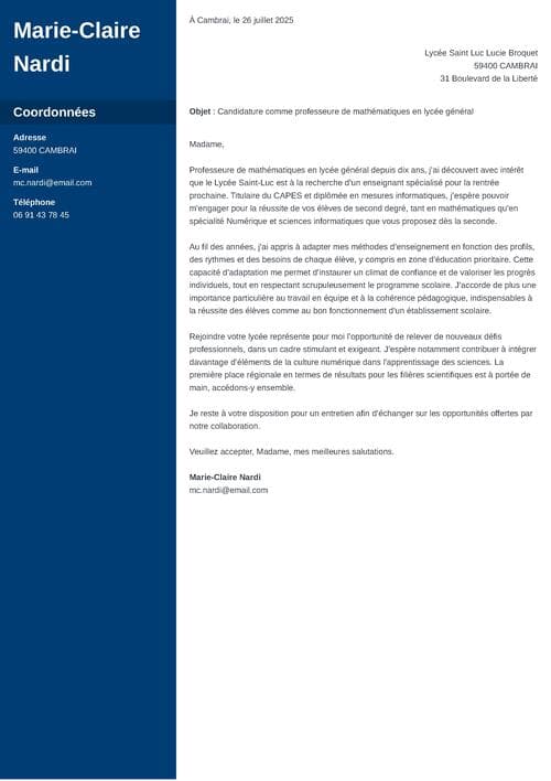 Exemple de lettre de motivation enseignant