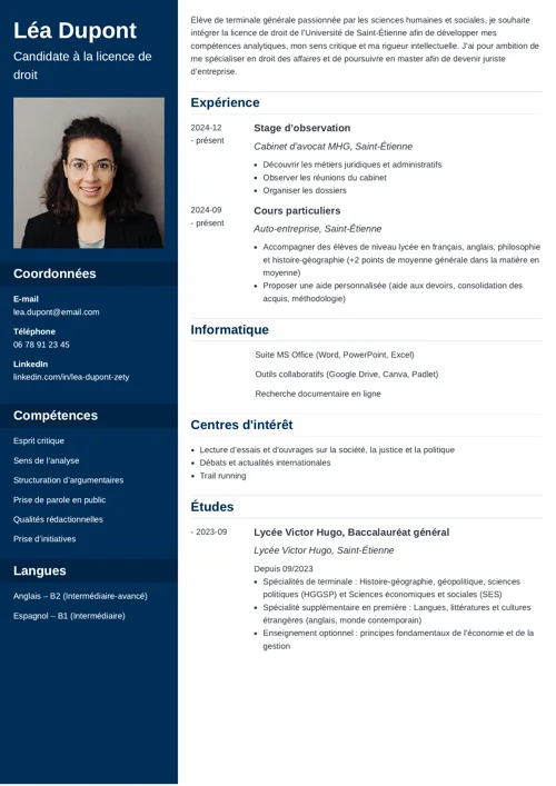 Exemple de CV fac de droit en deux colonnes, avec photo et une colonne latérale bleu foncé