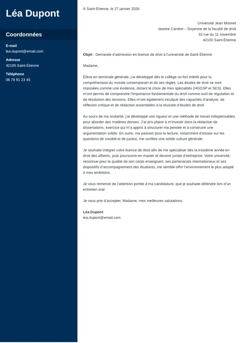 Exemple de lettre de motivation fac de droit en deux colonnes, avec colonne latérale bleu foncé