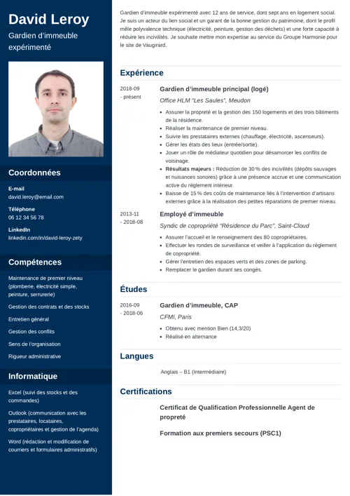 Exemple de CV gardien d'immeuble, au format deux colonnes, avec photo et colonne latérale bleu foncé