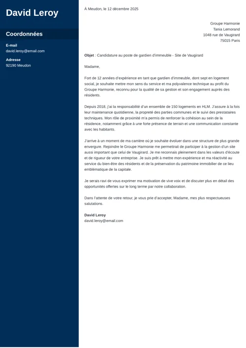 Exemple de lettre de motivation gardien d'immeuble, au format deux colonnes, avec colonne latérale bleu foncé