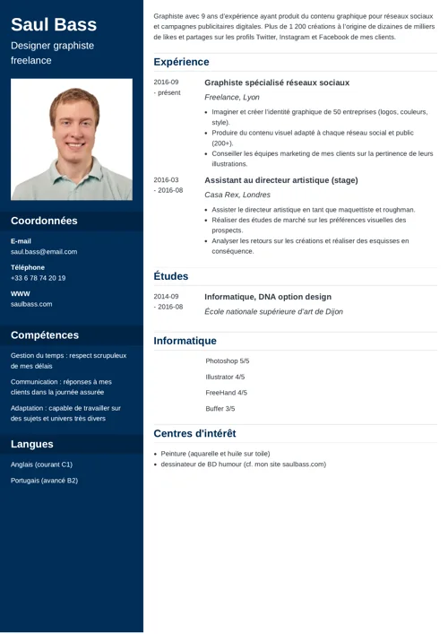 Exemple de CV graphiste à deux colonnes, avec photo et colonne latérale bleu foncé