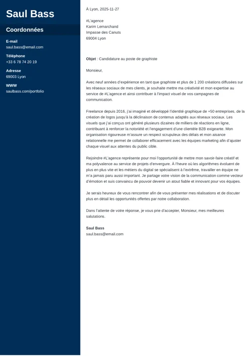 Exemple de lettre de motivation graphiste à deux colonnes, avec colonne latérale bleu foncé