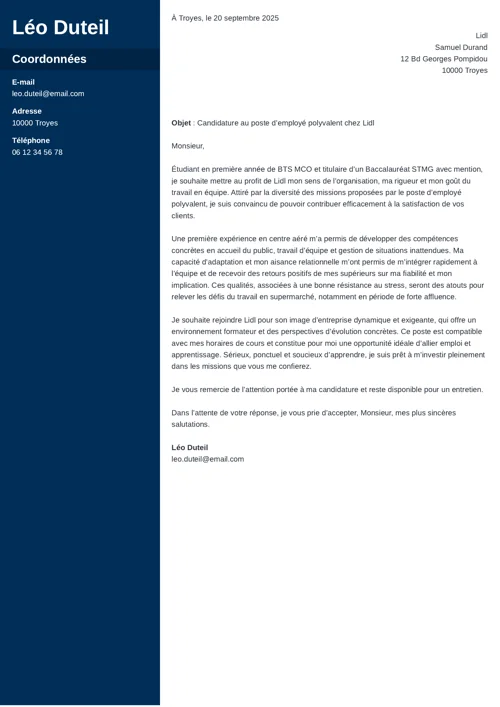 Exemple de lettre de motivation job étudiant avec colonne latérale bleu foncé