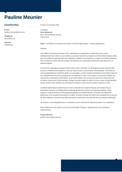 Exemple de lettre de motivation journaliste avec en-tête bleu foncé