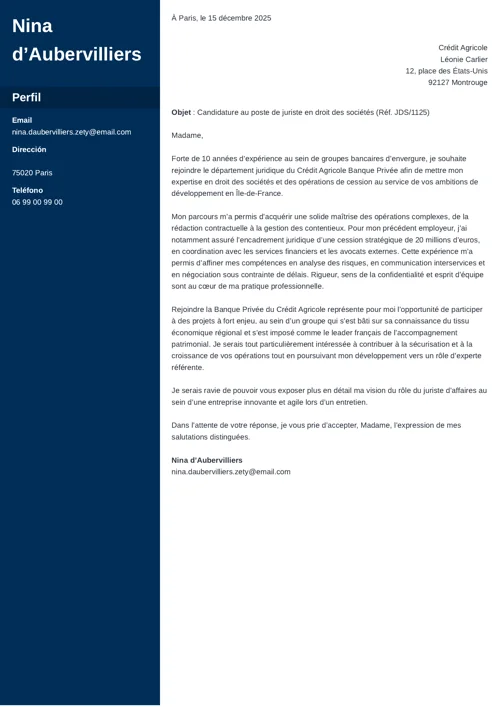 Exemple de lettre de motivation juriste en droit des sociétés, au format deux colonnes, avec colonne latérale bleu foncé