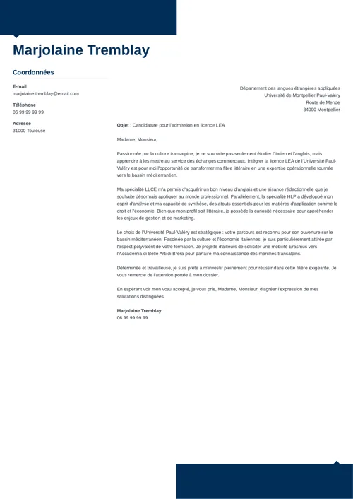 Exemple de lettre de motivation LEA format à deux colonnes, couleur bleu foncé