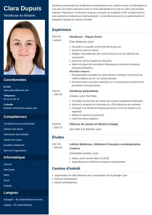 Exemple de CV pour un poste en librairie, au format deux colonnes, avec photo et colonne latérale bleu foncé
