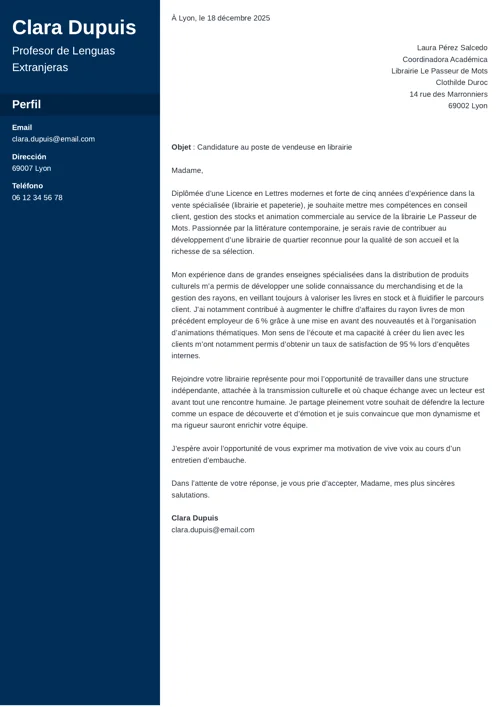 Exemple de lettre de motivation pour un poste en librairie, au format deux colonnes, avec colonne latérale bleu foncé