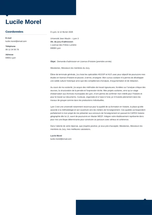 Exemple de lettre de motivation licence d'histoire au format à deux colonnes, avec élément graphique bleu foncé