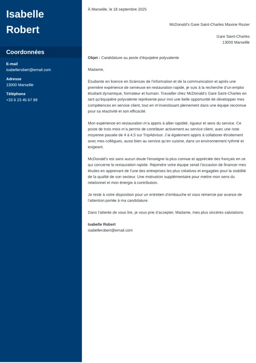 modèle de lettre de motivation mcdo avec colonne latérale bleu foncé