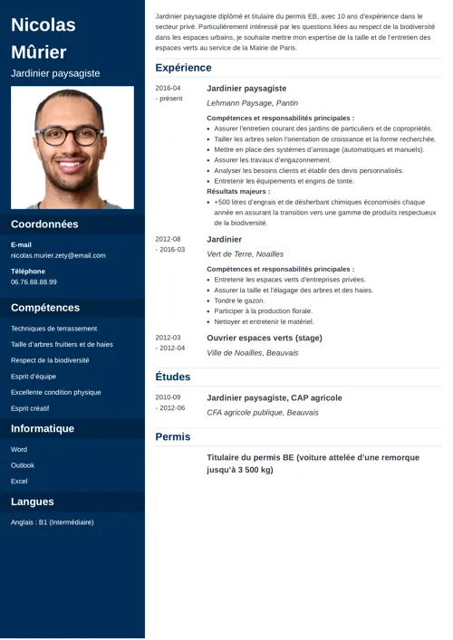 Exemple de CV paysagiste à deux colonnes, avec photo et colonne latérale bleu foncé