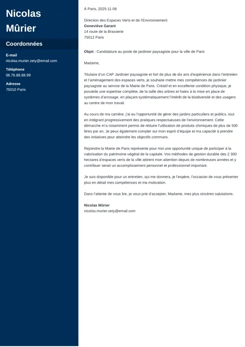 Exemple de lettre de motivation paysagiste à deux colonnes, avec colonne latérale bleu foncé