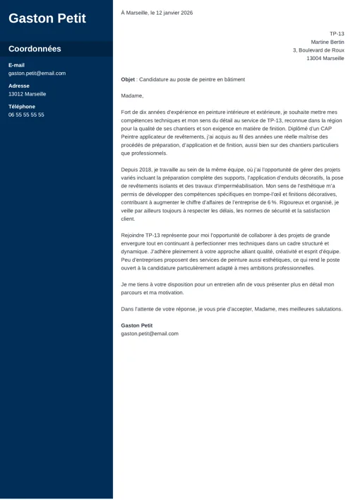 Exemple de lettre de motivation peintre en bâtiment avec colonne latérale bleu foncé