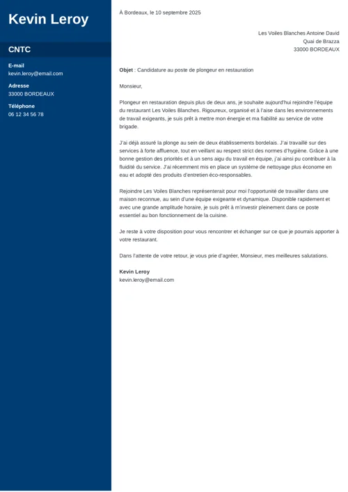 Exemple de lettre de motivation plongeur avec colonne latérale bleu foncé