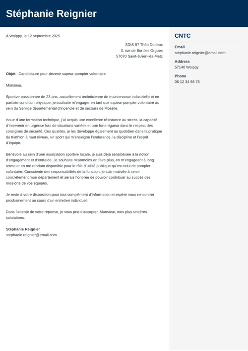 Exemple de lettre de motivation pompier volontaire avec en-tête bleu foncé