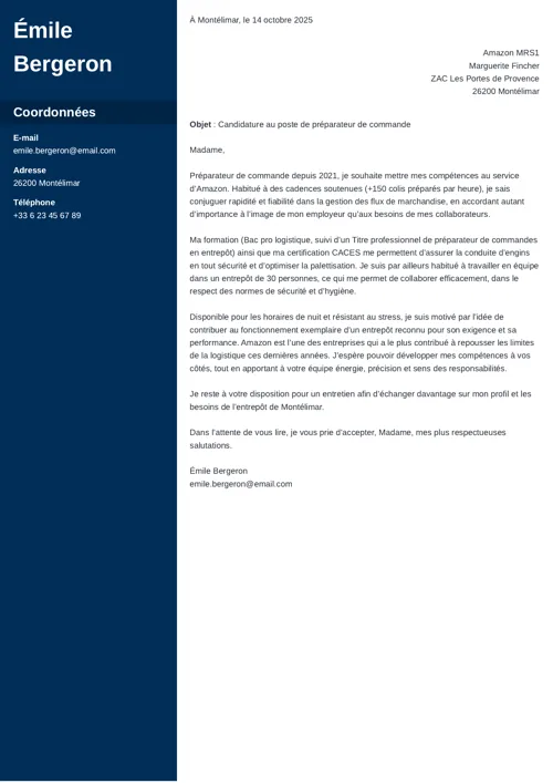 Exemple de lettre de motivation préparateur de commande
