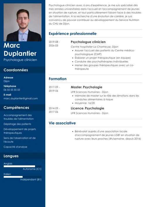 Exemple de cv psychologue avec photo et colonne latérale bleu foncé