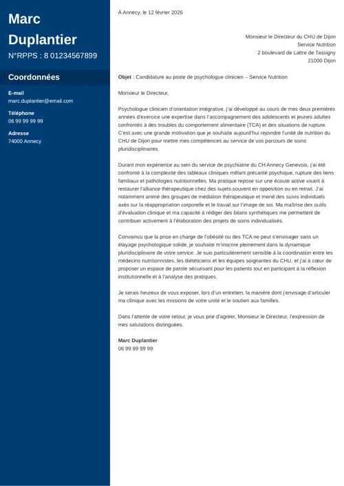 Exemple de lettre de motivation de psychologue avec colonne latérale bleu foncé