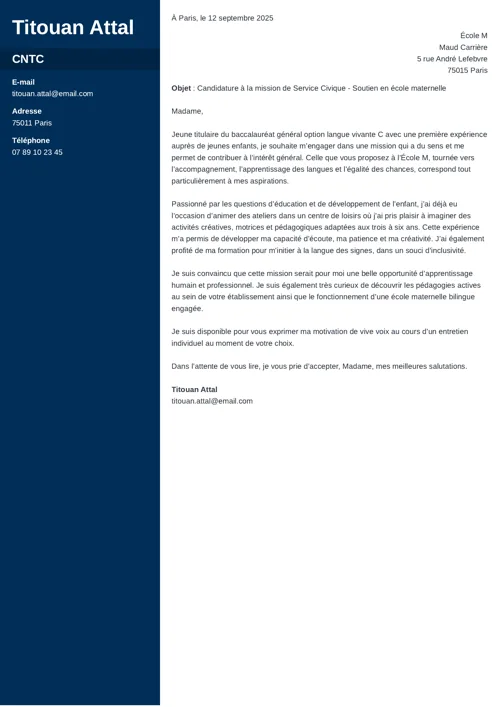Exemple de lettre de motivation service civique avec colonne latérale bleu foncé