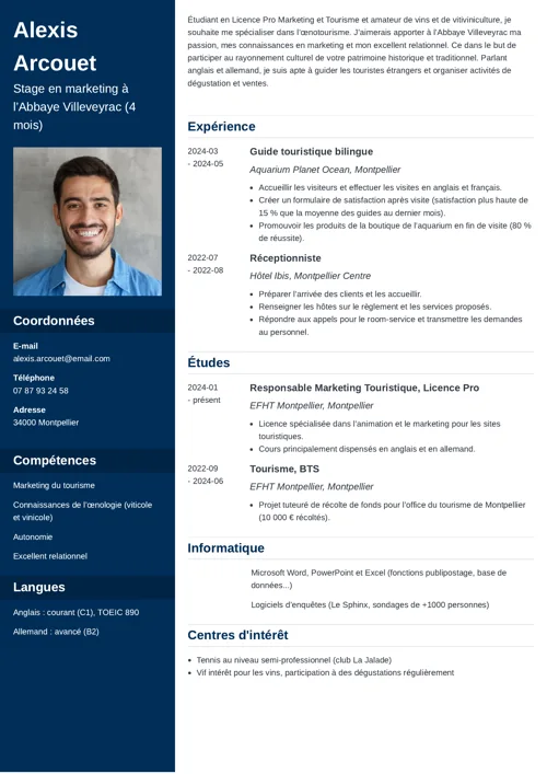 Exemple de CV stage avec photo et colonne latérale bleu foncé
