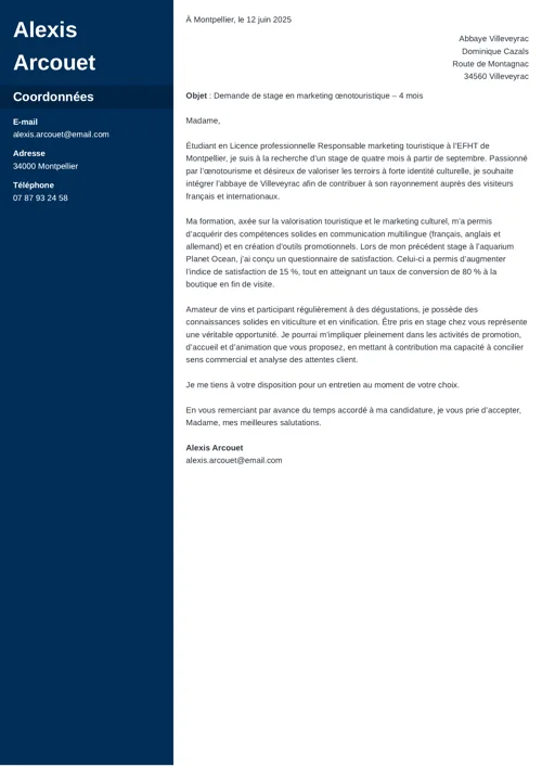 Exemple de lettre de motivation stage avec colonne latérale bleu foncé