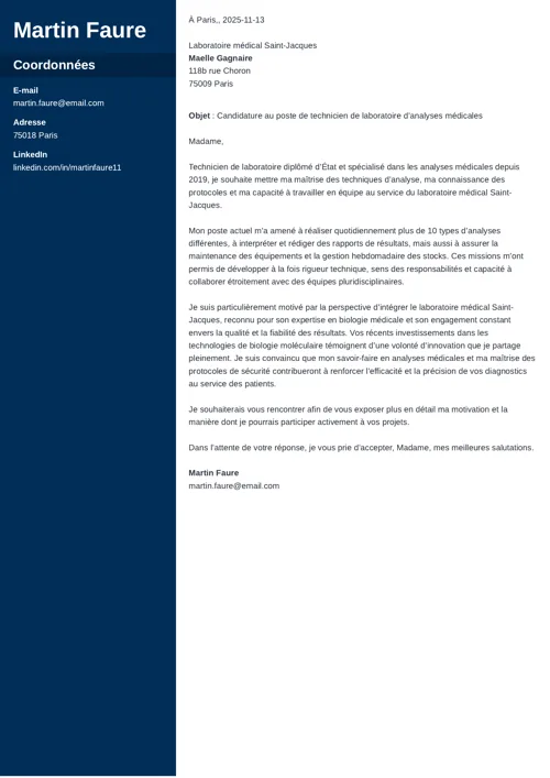 Exemple de lettre de motivation technicien de laboratoire à deux colonnes, avec colonne latérale bleu foncé