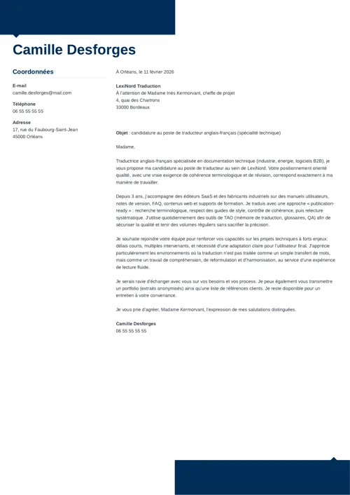 Exemple de lettre de motivation traducteur