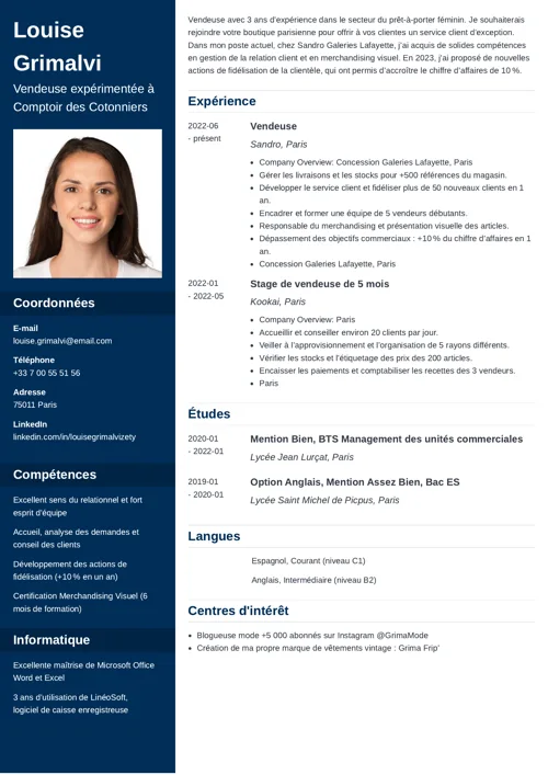 Exemple de CV vendeuse avec photo et colonne latérale bleu foncé