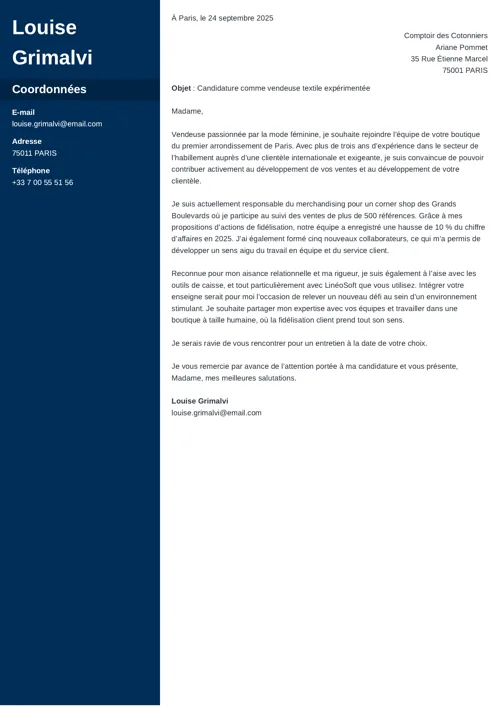 Exemple de lettre de motivation vendeuse avec colonne latérale bleu foncé