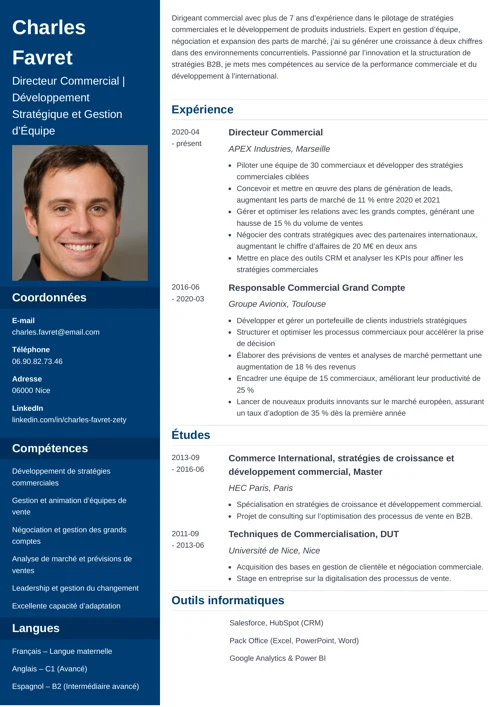 exemple de cv de cadre pour un poste de directeur commercial avec photo et colonne latérale bleu foncé