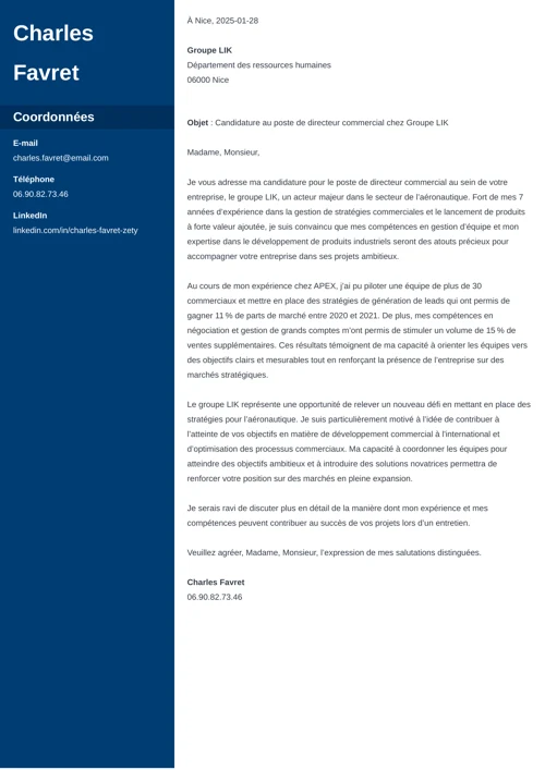 exemple de lettre de motivation de cadre pour un poste de directeur commercial avec photo et colonne latérale bleu foncé