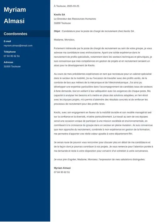 exemple de lettre de motivation de chargé de recrutement avec colonne latérale bleu foncé