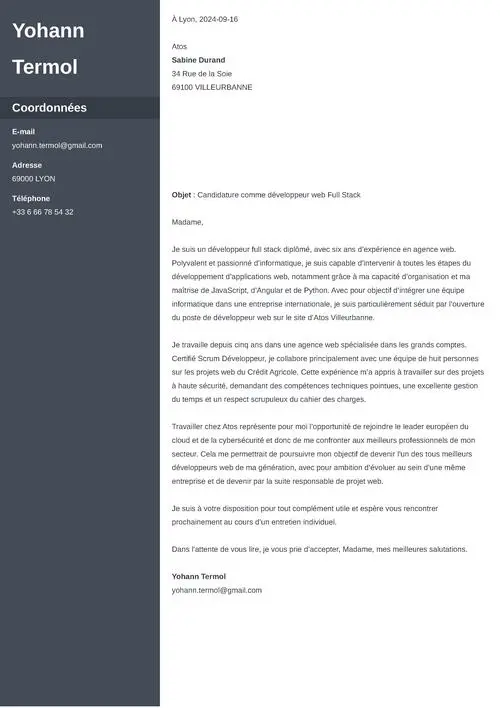 Exemple de lettre de motivation développeur web