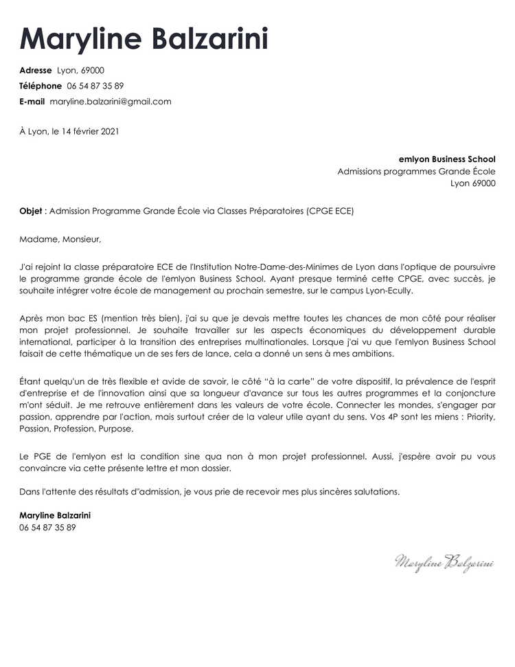 Lettre de motivation pour intégrer une école exemple