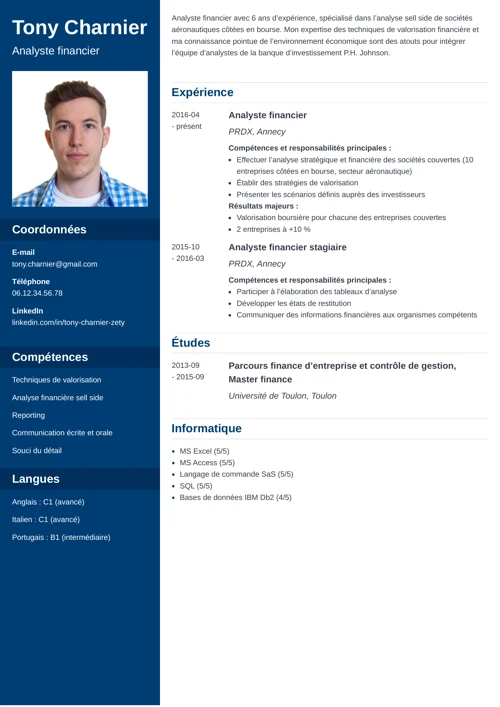 Exemple de CV d'analyste financier avec photo et colonne latérale bleu foncé