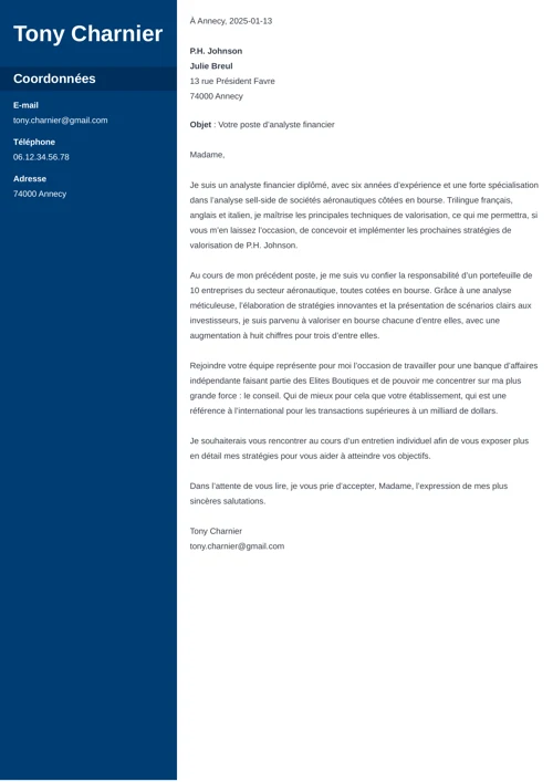 Exemple de lettre de motivation d'analyste financier avec colonne latérale bleu foncé