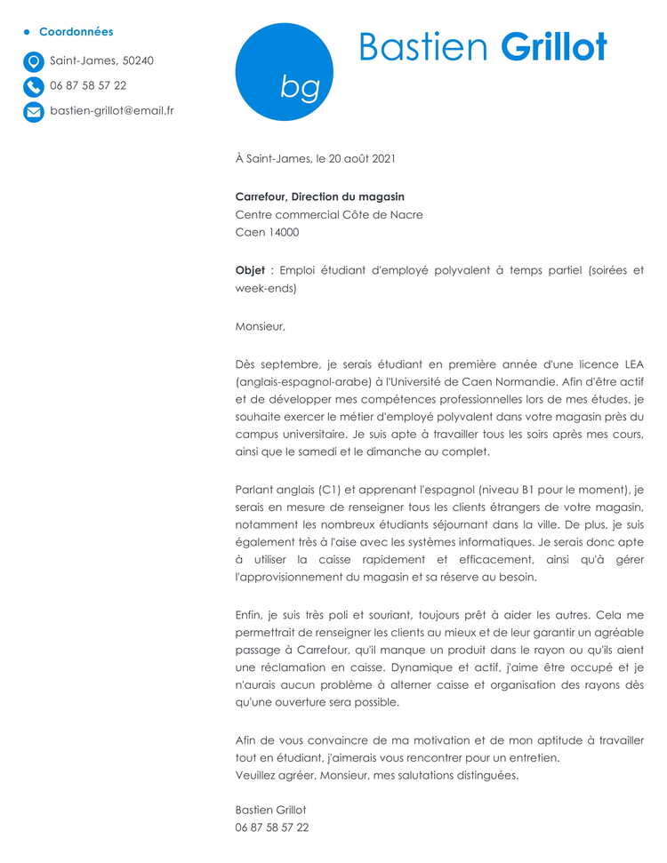 Exemple de lettre de motivation pour un job étudiant