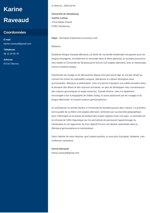 Exemple de lettre de motivation LEA avec colonne latérale bleu foncé