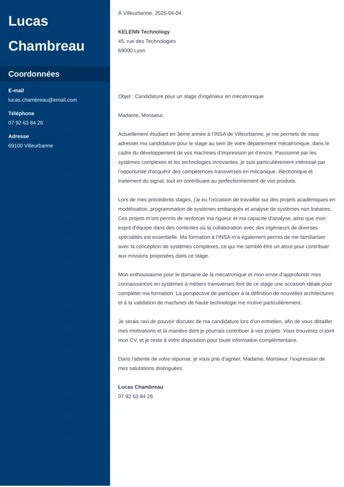 Un exemple de lettre de motivation pour un stage d'ingénieur